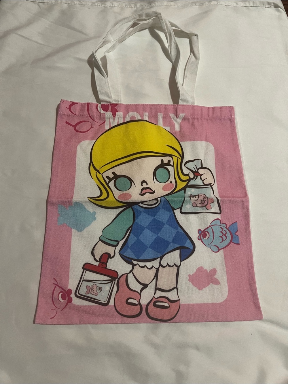 Hello Molly Pink Cartoon Tote with Yellow-Haired Character